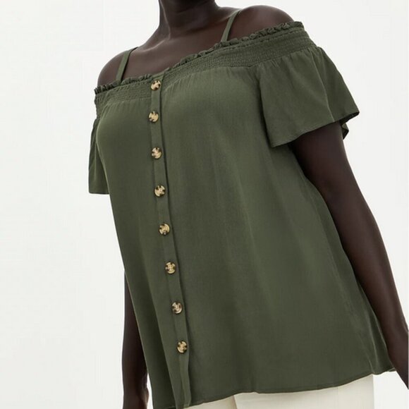torrid Tops - Torrid Smocked Cold SHoulder Blouse Flutter Sleeve Off Shoulder Button Front 5X